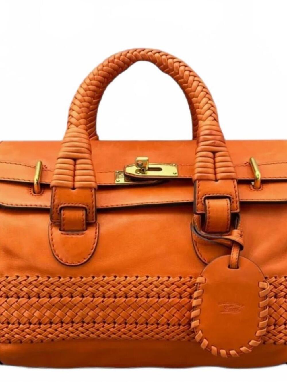 GUCCI Calfskin Orange Braided Leather Satchel Handbag with Gold-Tone Hardware